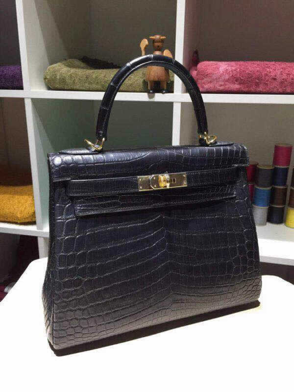 Imitation Hermes Kelly 28cm Matte Alligator Gold Hardware, Noir C89 RS12046