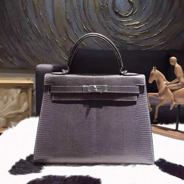 Hermes Kelly 28cm Lizard Skin Sellier Rigide Handstitched Palladium Hardware, Gris Fonce CK84 RS15834