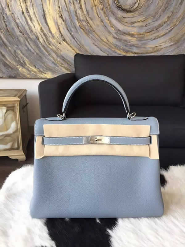 Replica Hermes Kelly 28cm Togo Calfskin Bag Handstitched Palladium Hardware, Bleu Lin CKJ7 RS17721