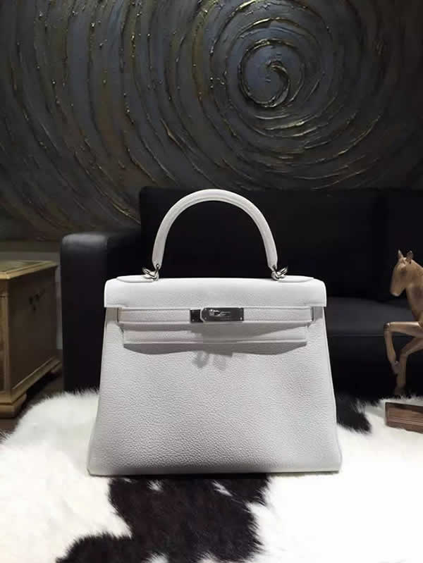 Hermes Kelly 28cm Togo Calfskin Bag Handstitched Palladium Hardware, Blanc/White RS20389