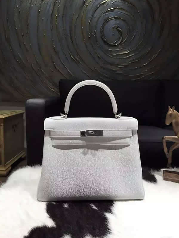 Hermes Kelly 28cm Togo Calfskin Bag Handstitched Palladium Hardware, Blanc White RS19203