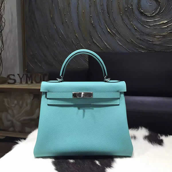 Replica Hermes Kelly 28cm Togo Calfskin Original Leather Bag Handstitched Palladium Hardware, Blue Atoll 3P RS05582