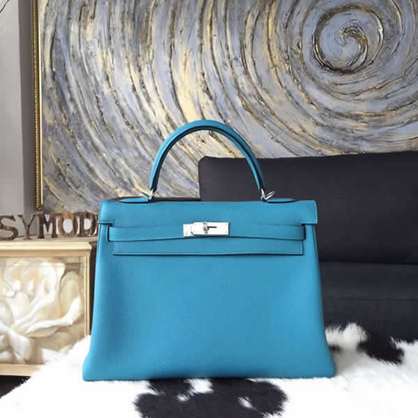 Hermes Kelly 32cm Togo Calfskin Bag Handstitched Palladium Hardware, Blue Turquoise 7B RS10567