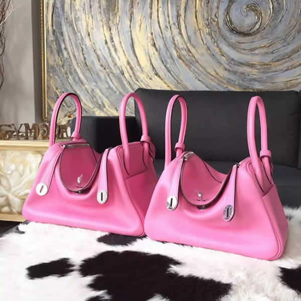 Imitation Hermes Lindy 26cm/30cm Swift Calfskin Bag Handstitched Palladium Hardware, Pink 5P RS00513