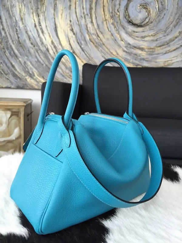 Imitation Hermes Lindy 26cm/30cm Taurillon Clemence Calfskin Palladium Hardware Handstitched, Blue Turquoise 7B RS21343