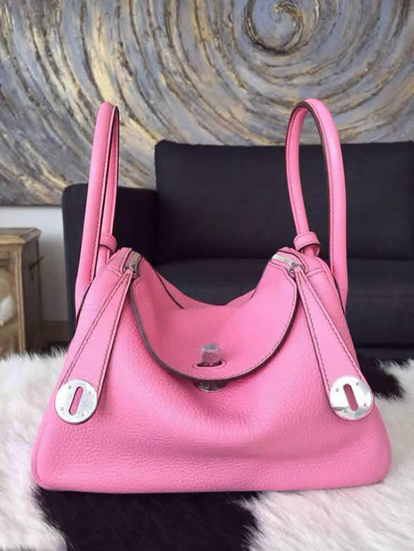 Imitation Hermes Lindy 30cm Taurillon Clemence Calfskin Leather Palladium Hardware Hand Stitched, Pink 5P RS00680