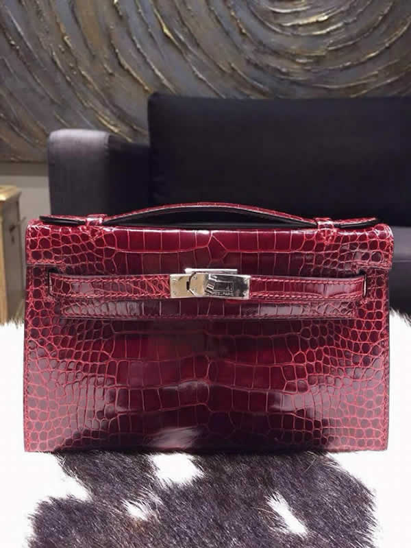 Cheap Hermes Mini Kelly Pochette 22cm CK57 Bordeaux Shiny Alligator Palladium RS09237