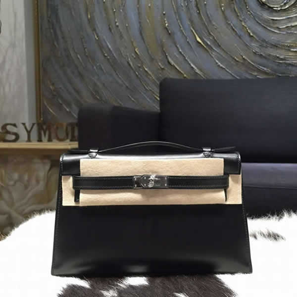 Copy Hermes Mini Kelly Pochette 22cm Box Calfskin Palladium Hardware, Noir Black RS16626