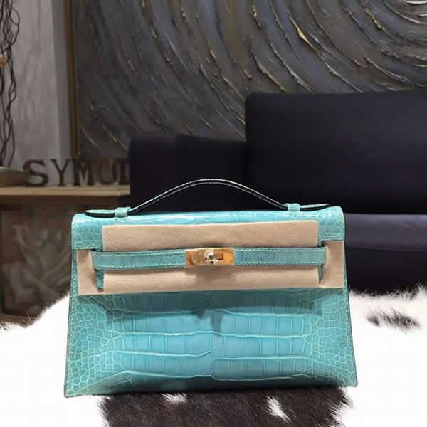 Replica Hermes Mini Kelly Pochette 22cm Shiny Alligator Gold Hardware Handstitched , Turquoise Blue 7B RS19855