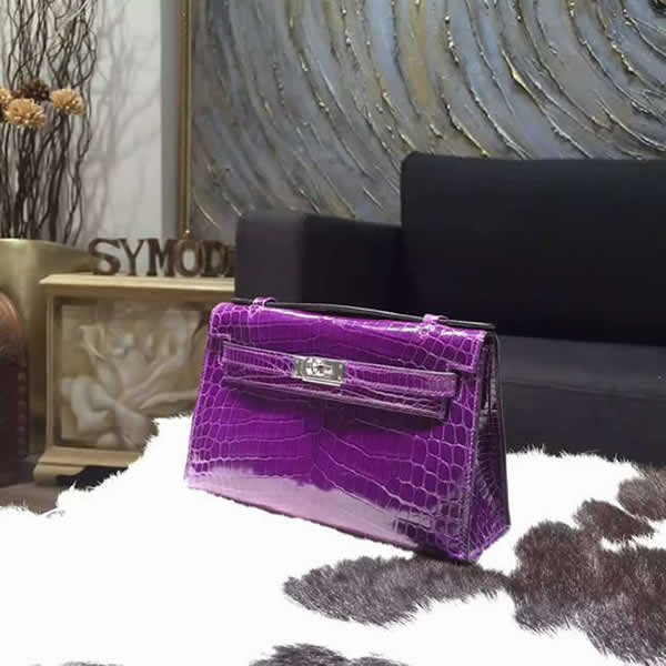 Hermes Mini Kelly Pochette 22cm Shiny Alligator Palladium Hardware Handstitched, Amethyst 9G RS20089