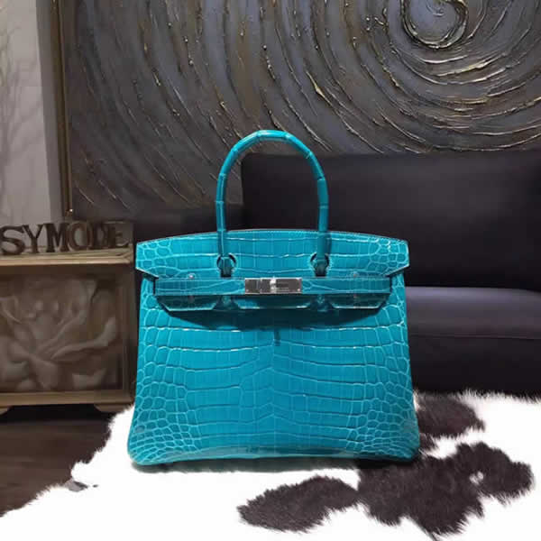 Best Quality Imitation Hermes Shiny Alligator Crocodile Birkin 30cm Palladium Hardware Handstitched, Blue Izmir 7W RS09137