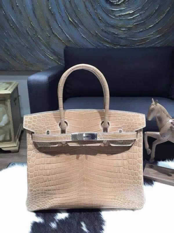 Hermes Shiny Alligator Crocodile Birkin 30cm Palladium Hardware Handstitched, Beige CK14 1C RS14352