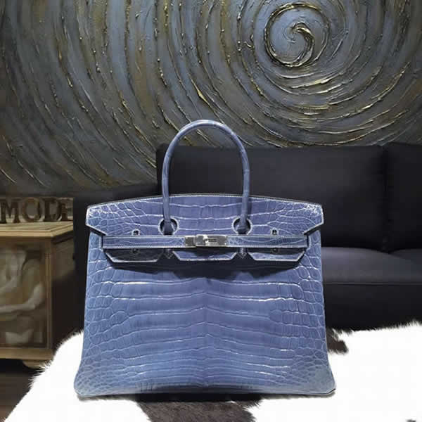 Fake Hermes Shiny Alligator Birkin 35cm Bag Hand Stitched Palladium Hardware, Blue Tempete N7 RS01834