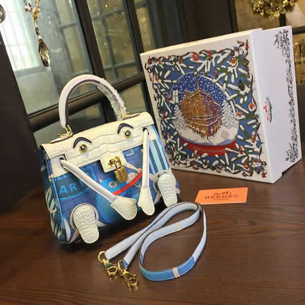 Limited Edition Hermes Mini Kelly Doll Bag 20cm Swift Leather with Croc Gold Hardware Singapore 50th Anniversary, Blanc/Light Blue RS16120
