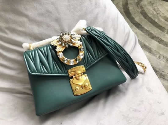 Replica MiuMiu Green Matelasse Cowhide Crystal Large Diamond Flower Decoration Handbags 5BD103