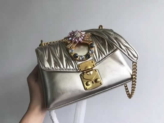 Replica MiuMiu Silver Matelasse Cowhide Crystal Large Diamond Flower Decoration Handbags 5BD103