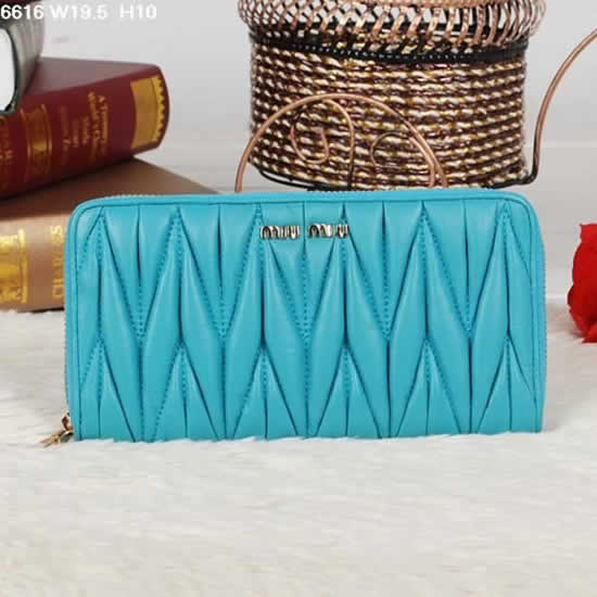 Replica Miu Miu Matelasse Blue Original Leather Zipper Wallet