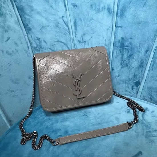 Fake Yves Saint Laurent Niki Chain Wallet In Crinkled Vintage Leather Gray Crossbody Bag