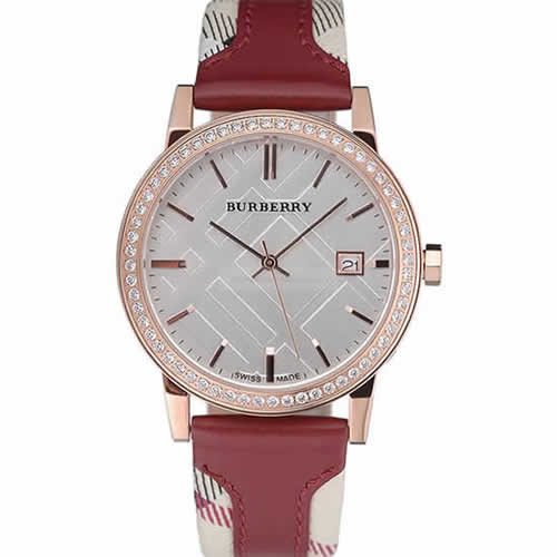 Burberry The City Classic Diamonds Case Silver Dial Red Bracelet  622570