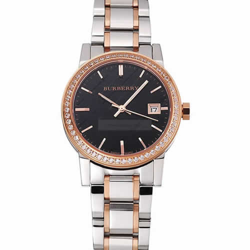 Burberry The City Black Dial Rose Gold Diamond Bezel Stainless Steel Case Two Tone Bracelet