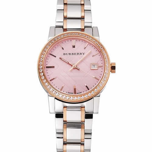 Burberry The City Pink Dial Rose Gold Diamond Bezel Stainless Steel Case Two Tone Bracelet