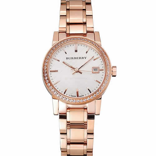 Burberry The City White Dial Diamond Bezel Rose Gold Case And Bracelet