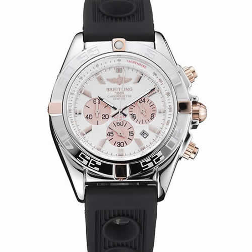 Breitling Chronomat Rose-Gold Highlight Ribbed Black Rubber Strap White Dial