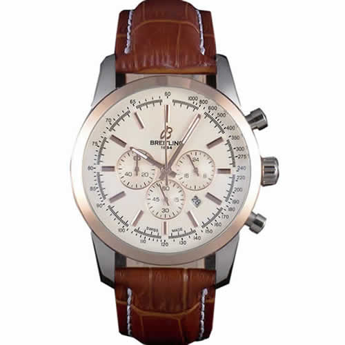 Breitling Transocean White Dial Light Brown Leather Strap Rose Gold Bezel