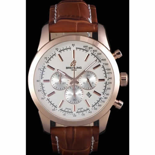 Breitling Transocean White Dial Brown Leather Strap Rose Gold Bezel