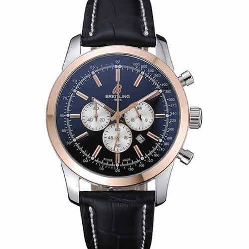 Breitling Transocean Black Dial Black Leather Strap Rose Gold Bezel 98203