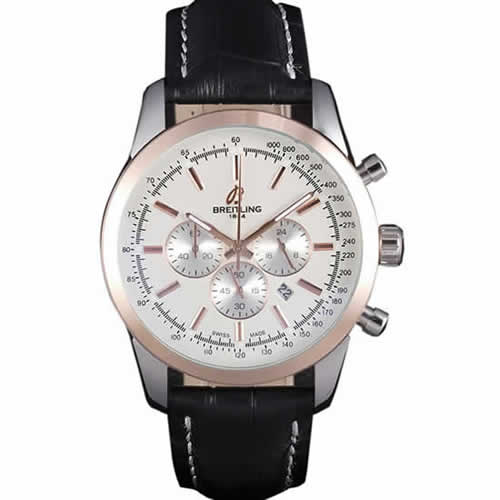 Breitling Transocean White Dial Black Leather Strap Rose Gold Bezel 98205