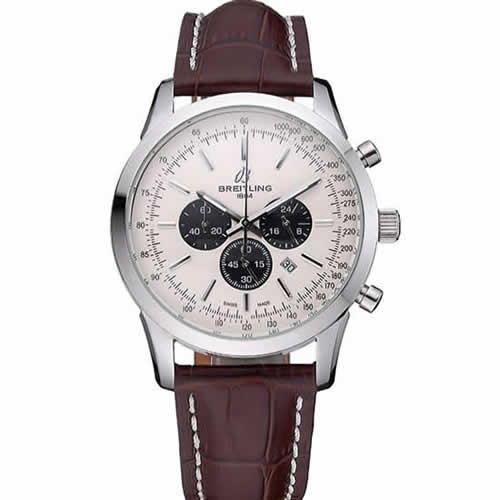 Breitling Transocean Chronograph White Dial Stainless Steel Case Brown Leather Bracelet 622243