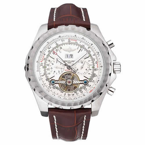 Breitling Bentley Mulliner Tourbillon White Dial Stainless Steel Case Brown Leather Strap  622729