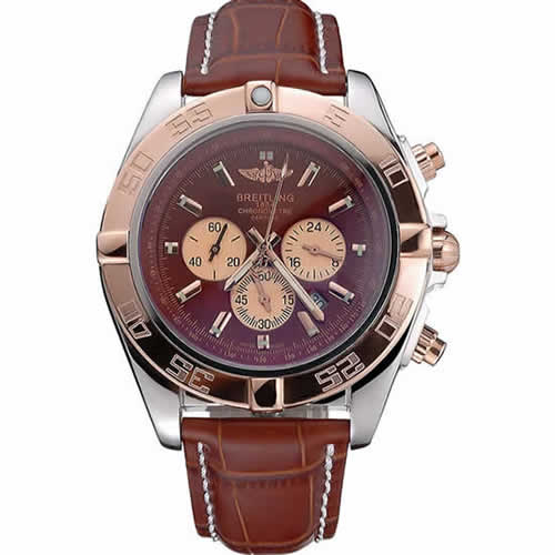 Breitling Chronomat Brown Dial Rose Gold Bezel And Subdials Stainless Steel Case Brown Leather Strap