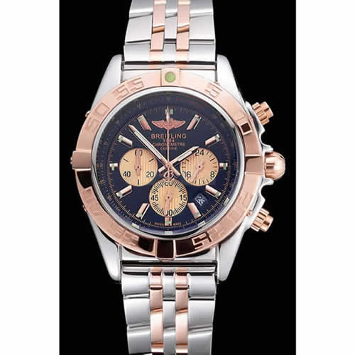 Breitling Chronomat Black Dial Rose Gold Bezel And Subdials Stainless Steel Case Two Tone Bracelet