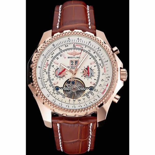 Breitling For Bentley Mulliner Tourbillon White Dial Rose Gold Case Brown Leather Strap