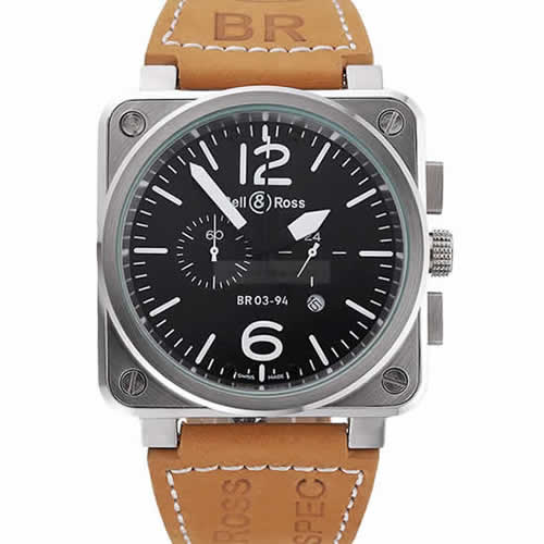 Bell and Ross BR 03-94 Black Dial Silver Case Brown Leather Strap