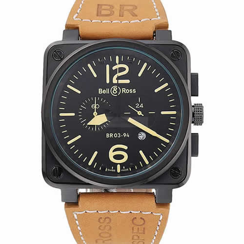 Bell and Ross BR 03-94 Black Dial Black Case Brown Leather Strap