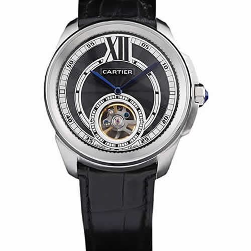 Cartier Calibre Flying Tourbillon Black Dial Stainless Steel Case Black Leather Bracelet