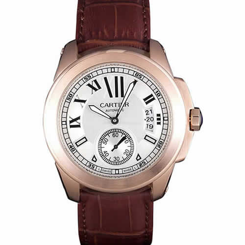 Cartier Calibre White Dial Gold Case Brown Leather Bracelet