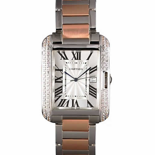 Cartier Tank Anglaise 36mm Silver Dial Diamonds Steel Case Two Tone Bracelet