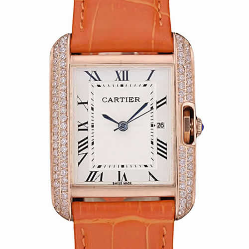 Cartier Tank Anglaise 30mm White Dial Diamonds Gold Case Orange Leather Bracelet