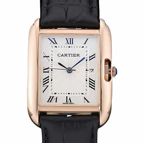Cartier Tank Anglaise 30mm White Dial Gold Case Black Leather Bracelet