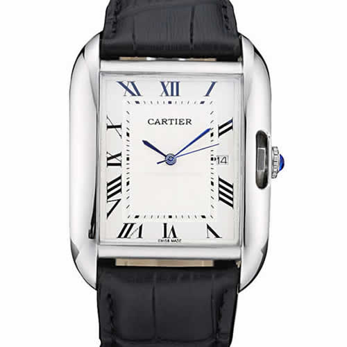 Cartier Tank Anglaise 36mm White Dial Stainless Steel Case Black Leather Bracelet