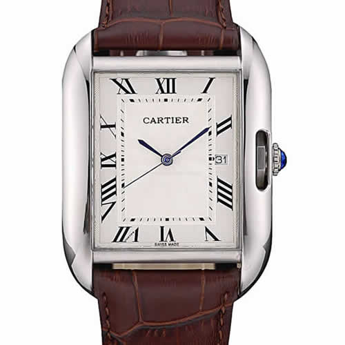 Cartier Tank Anglaise 36mm White Dial Stainless Steel Case Brown Leather Bracelet