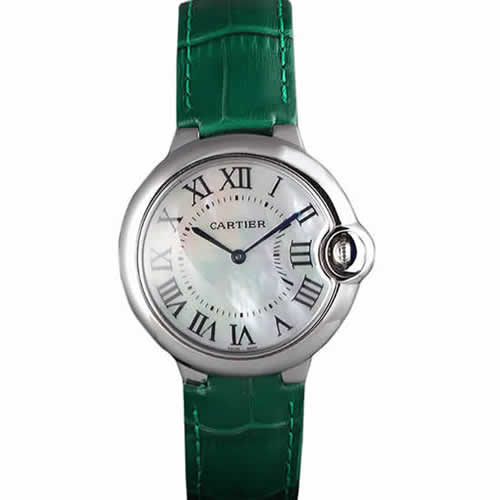 Cartier Ballon Bleu Silver Bezel with Pearl Dial Green Leather Band  621552