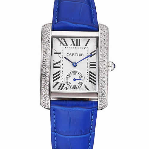 Cartier Tank MC Stainless Steel Diamond Case White Dial Blue Leather Strap  622172