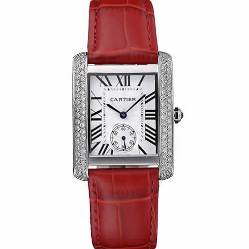 Cartier Tank MC Stainless Steel Diamond Case White Dial Red Leather Strap  622173
