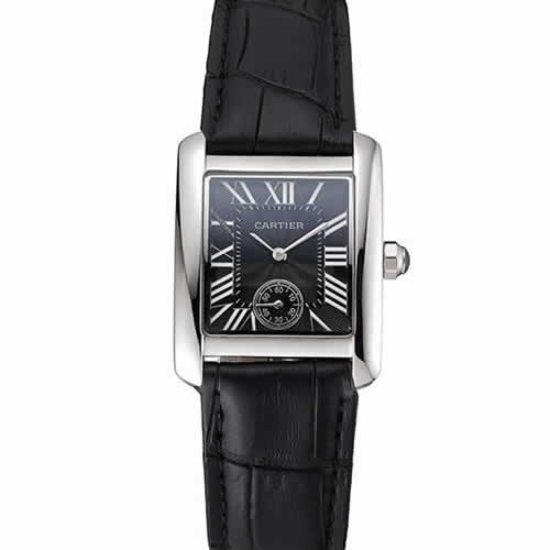 Cartier Tank MC Stainless Steel Case Black Dial Black Leather Strap  622174