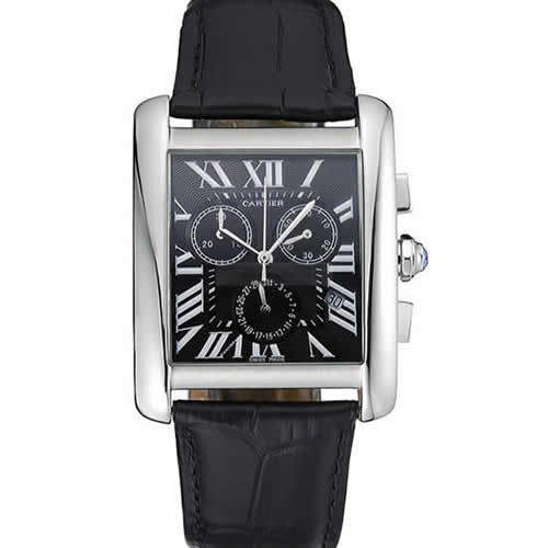 Cartier Tank MC Black Dial Stainless Steel Case Black Leather Bracelet  622690